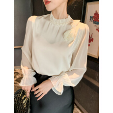 批发已出货2026春新款气质木耳花边钉珠立体花朵缎面雪纺衬衫职业上衣