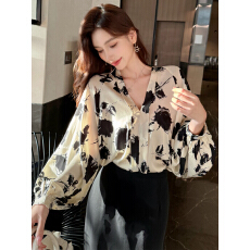 批发已出货2026春季新款V领宽松慵懒风<b class='q'>衬衫</b>水墨画碎花雪纺衫长袖上衣