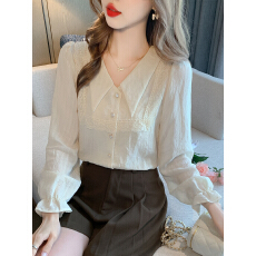 批发已出货2026春季新款气质百搭蕾丝拼接衬衫长袖<b class='q'>雪纺衫</b>上衣职业衬衣