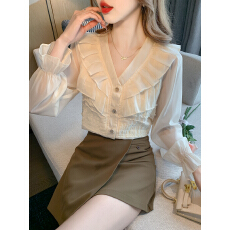 批发已出货2026春季蕾丝花边<b class='q'>喇叭袖</b>宽松V领气质衬衣百搭通勤<b class='q'>雪纺衫</b>