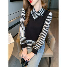 批发已出货2026春季新款假两件<b class='q'>衬衫</b>拼接条纹上衣<b class='q'>T</b><b class='q'>恤</b>职业装通勤<b class='q'>衬衣</b>