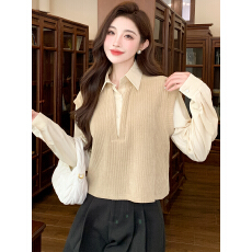 批发已出货2026春季假两件衬衫休闲学院风长袖<b class='q'>卫衣</b>针织拼接<b class='q'>短款</b>上衣