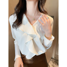 批发已出货2026春季通勤职业衬衫女OL衬衣洋气小衫V领雪纺荷叶边上衣