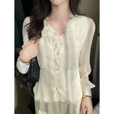 批发已出货2026春季气质显瘦V领羽毛拼接衬衣长袖雪纺衫<b class='q'>职业</b>通勤上衣