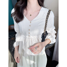 批发已出货2026春季新款法式高级感荷叶边下摆长袖衬衫雪纺<b class='q'>职业</b>小衫女