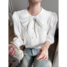 批发已出货2026春季新款法式娃娃领蝴蝶结缎面白色衬衫女通勤<b class='q'>职业</b>上衣