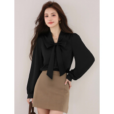 批发已出货2026春<b class='q'>新款</b>职业气质<b class='q'>雪纺衫</b>百搭时尚蝴蝶结飘带V领上衣正装