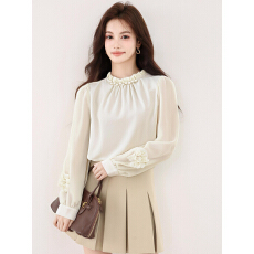 批发已出货2026春季新款优雅木耳边立领女式衬衫时尚钉珠花朵<b class='q'>长袖</b>衬衣