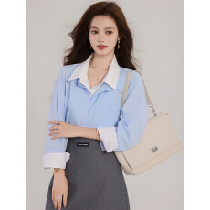 批发已出货2026春季新款双层领蓝色撞色<b class='q'>长袖</b><b class='q'>衬衫</b>女<b class='q'>男</b>友风宽松纯棉<b class='q'>衬衣</b>