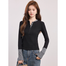 批发已出货2026春季新款复古撞色长袖T恤半开领<b class='q'>修身</b>显瘦内搭打底上衣