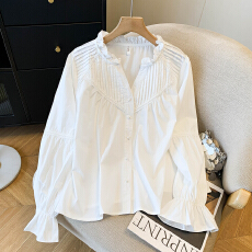 已出货2026春季新款长袖上衣法式宽松V领白衬衫设计感喇叭袖衬衣