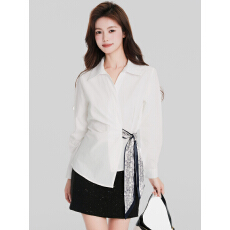 批发已出货2026春季新款法式翻领宽松休闲衬衫丝巾收腰高级感长袖上衣