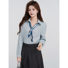 批发已出货2026春新款法式V领缎面长袖衬衫丝巾系带气质<b class='q'>通勤</b>衬衣上衣