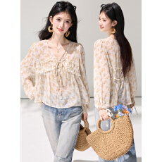 已出货2026春季新款法式碎花衬衫V领灯笼袖雪纺衫高级感小众衬衣