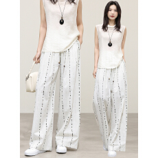 批发已出货2026春季新款条纹<b class='q'>亚麻</b>阔腿裤松弛感宽松拖地裤老钱风裤子女