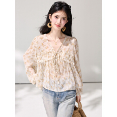 已出货2026春季新款法式碎花衬衫V领灯笼袖雪纺衫高级感小众衬衣