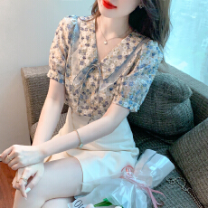 批发已出货2026夏季新款碎花<b class='q'>娃娃领</b>蝴蝶结<b class='q'>雪纺衫</b>上衣仙女衬衫短袖小衫