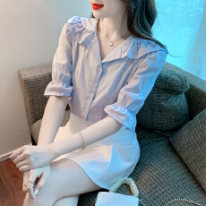 批发已出货2026夏季新款<b class='q'>娃娃领</b>短袖V领上衣气质衬衫短袖百搭洋气小衫