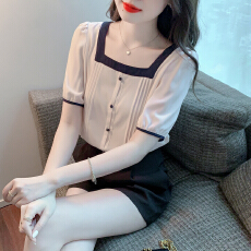 批发已出货2026夏季新款方领雪纺衫衬衫气质短袖上衣<b class='q'>韩版</b>小衫洋气仙女