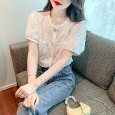 批发已出货2026夏季新款小香风泡泡袖蕾丝雪纺衫高级感短袖薄开衫外套