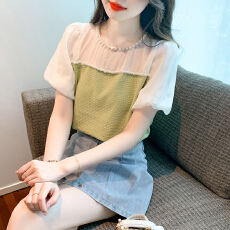批发已出货2026夏季新款韩版圆领泡泡袖珍珠拼接蕾丝衫<b class='q'>雪纺衫</b>甜美<b class='q'>短袖</b>