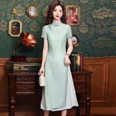 批发已出货2026<b class='q'>夏</b>季新款旗袍女改良茶服中式国风素雅茶艺师绿色连衣裙