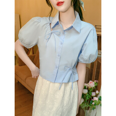 批发已出货2026夏新款法式泡泡袖上衣别致<b class='q'>镂空</b>设计感小众短袖蓝色衬<b class='q'>衫</b>