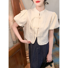 批发已出货2026夏季新款中式短袖设计感小众泡泡袖正肩短款通勤<b class='q'>上衣</b>