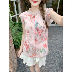 批发已出货2026夏新款压褶气质显瘦小衫无袖上衣法式木耳边衬衫背心