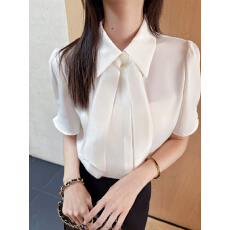 批发已出货2026夏季新款气质显瘦翻领串珠<b class='q'>欧根纱</b>系带纯色短袖雪纺衬衫