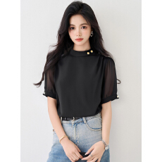 批发已出货2026夏新款法式气质立领缎面短袖衬衫宽松垂感通勤衬衣上衣