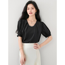 批发已出货2026夏季珍珠雪纺衬衫女通勤气质百搭短袖衬衣洋气宽松上衣