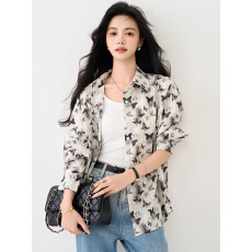 批发已出货2026夏季新款蝴蝶印花防晒衣衬衫设计感宽松<b class='q'>雪纺衫</b>薄款开衫