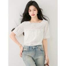 批发已出货2026夏季新款白<b class='q'>衬衫</b>女短袖蕾丝上衣洋气甜美方领泡泡袖小衫