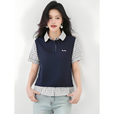 批发已出货<b class='q'>假两件</b>polo领短袖t恤夏季韩版宽松显瘦拼接格子<b class='q'>衬衫</b>袖上衣