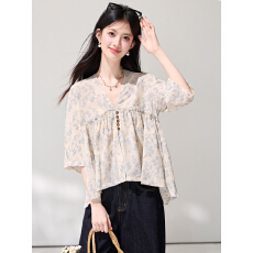 批发已出货2026夏新款碎花V领<b class='q'>泡泡袖</b><b class='q'>雪纺衫</b>法式气质显瘦宽松短袖上衣