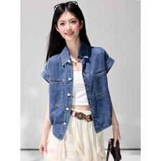 批发已出货2026新款蓝色无袖牛仔马甲女<b class='q'>夏</b>季宽松翻领短袖背心外搭上衣