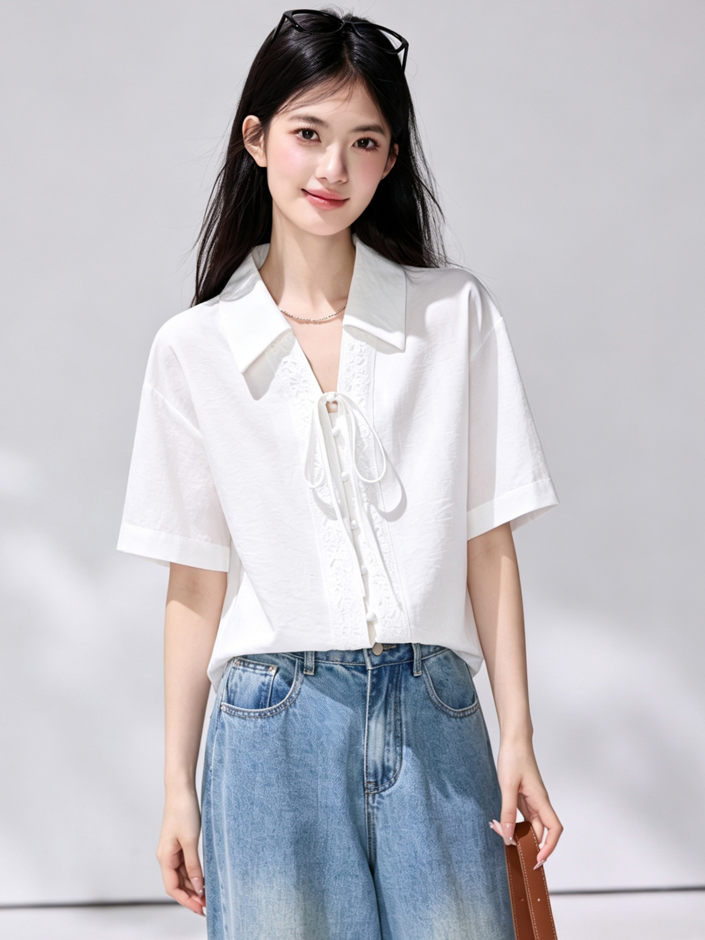 있음 선적 한 부서 부드러운 바람 레이스업 V넥 흰 셔츠 여름 새로운 루즈핏 슬림해 보이는 질감 센스 반팔 셔츠