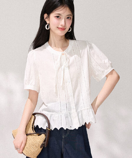 있음 선적 한 부서 부드러운 바람 화이트 레이스 업 셔츠 여름 거품 소매 루즈핏 프릴 슬림해 보이는 반팔 맨위