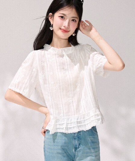 있음 선적 화이트 자수 프릴 반팔 레이스 셔츠 여름 새로운 한 부서 달콤함 작은 키 인형 셔츠