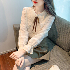 批发已出货2026秋季新款<b class='q'>蕾丝</b>花边娃娃领衬衫甜美<b class='q'>长袖</b><b class='q'>雪纺</b><b class='q'>衫</b>蝴蝶结上衣