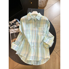 已出货韩系慵懒长袖格子衬衫秋季新款设计感小众休闲百搭衬衣外套