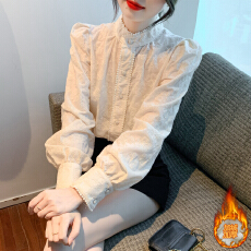 批发已出货2026秋冬新款加绒加厚立领钉珠蕾丝<b class='q'>雪纺衫</b>长袖上衣打底衬衣