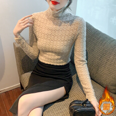 批发已出货加绒加厚秋冬高领蕾丝打底衫磨毛格子<b class='q'>镂空</b>修身内搭长袖上衣