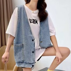 批发慵懒风牛仔马甲女春秋初高中生韩版宽松复古外穿马夹坎肩背心外套