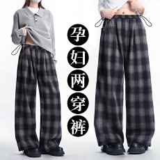 春季孕妇阔腿裤锦棉外穿格子裤工装裤长裤