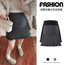 批发小香风毛呢孕妇半身裙秋<b class='q'>冬</b>季木耳边包臀短裙