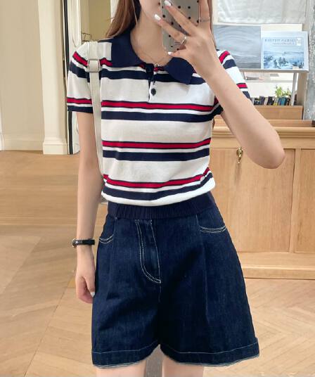 치아 세트 대 왕 miu 부서 polo 니트 스트라이프 POLO 셔츠 반팔 티셔츠 여성 긍정적 인 어깨 폴로 칼라 쇼트 스타일 맨위