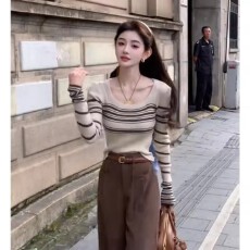 批发撞色条纹长袖针织衫女2025早秋季新款修身内搭毛衣打底衫chic上衣