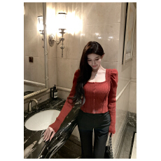 批发kubiliv【限定心动】浆红色方领泡泡袖针织上衣短款修身打底内搭